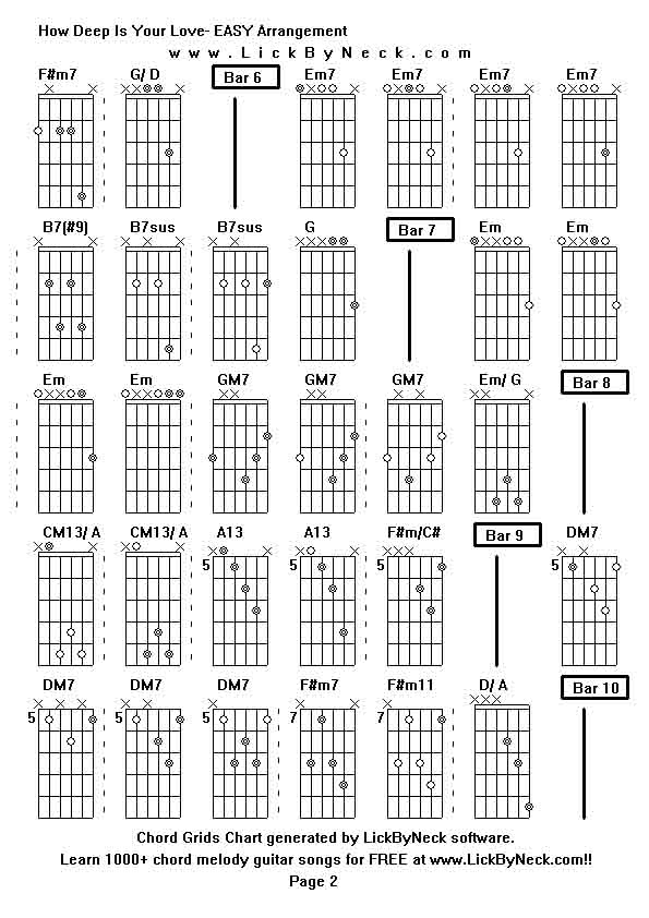 Chord Grids Chart of chord melody fingerstyle guitar song-How Deep Is Your Love- EASY Arrangement,generated by LickByNeck software.
